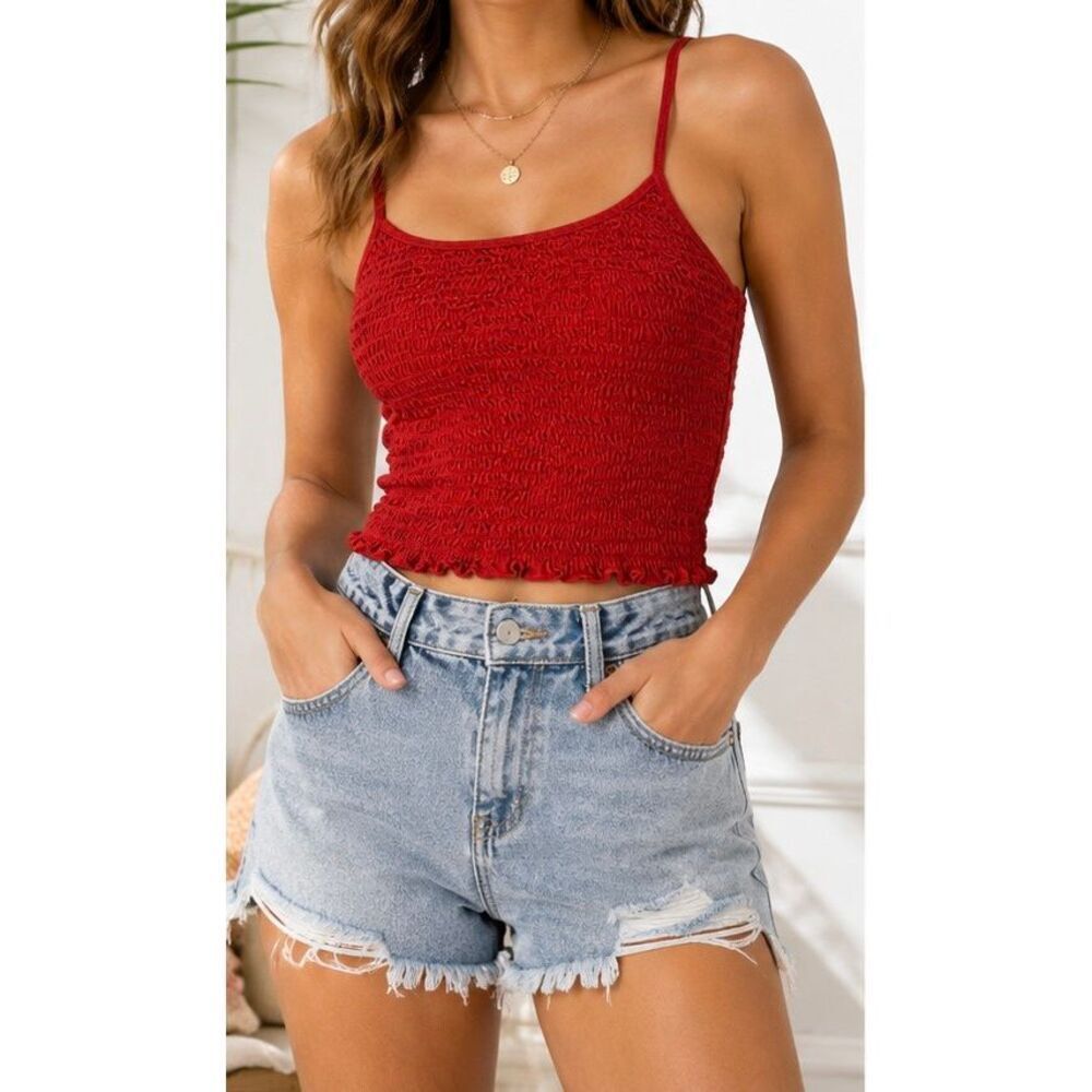 Hollister Red Smocked Cami Tank Top XS Y2K Stretch Crop